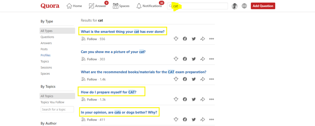quora search results for cat